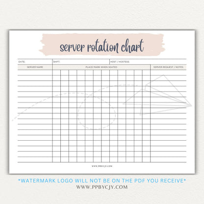 Restaurant Server Rotation Chart Printable PDF Template for tracking and organizing server table assignments for efficient service.

