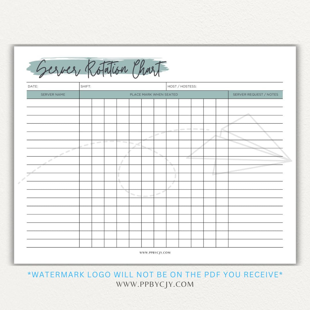 Restaurant Server Rotation Chart Printable PDF Template for tracking and organizing server table assignments for efficient service.

