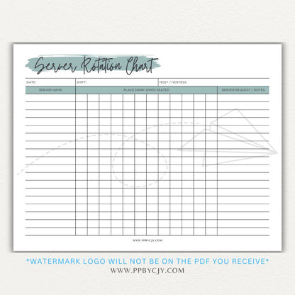 Restaurant Server Rotation Chart Printable PDF Template for tracking and organizing server table assignments for efficient service.

