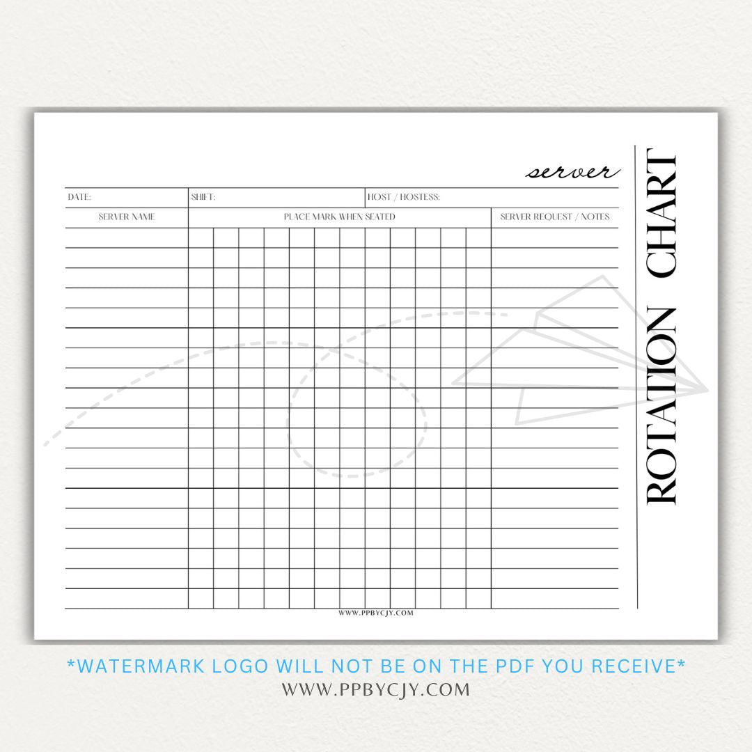 Restaurant Server Rotation Chart Printable PDF Template for tracking and organizing server table assignments for efficient service.

