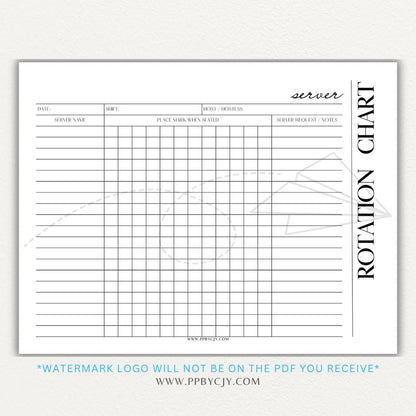 Restaurant Server Rotation Chart Printable PDF Template for tracking and organizing server table assignments for efficient service.

