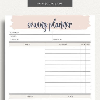 printable template page with columns and rows related to sewing planning