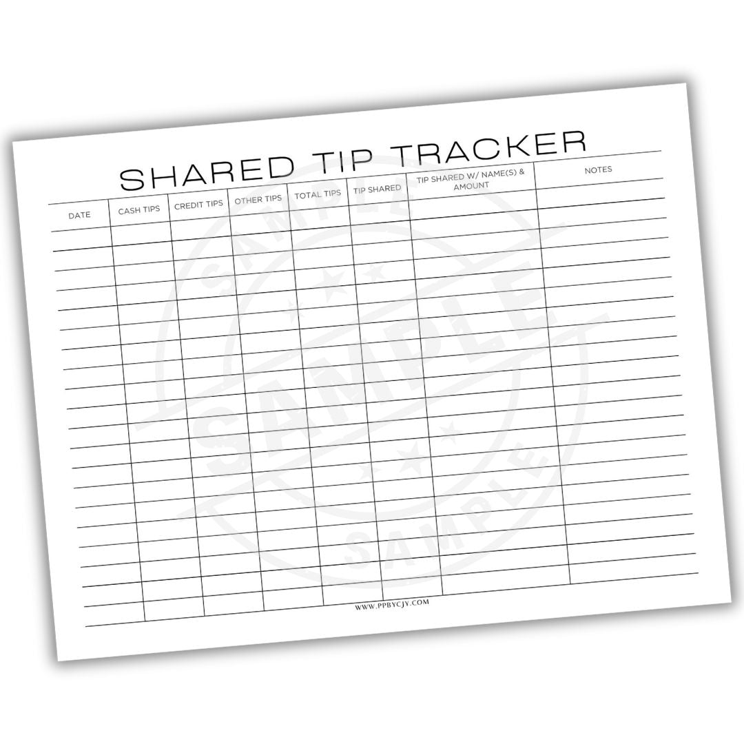 Shared tip tracker sheet with columns for date, cash tips, credit tips, other tips, total tips, tip shared, tip shared by names, and notes.