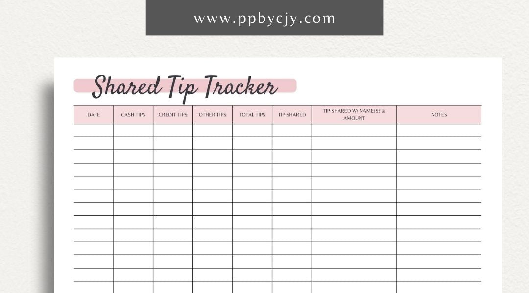 Shared Server Tip Tracker Printable PDF Template