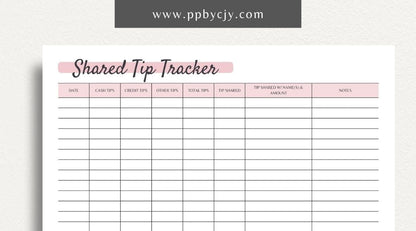 Shared Server Tip Tracker Printable PDF Template