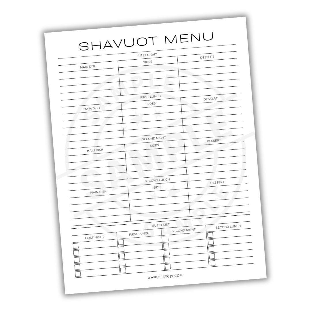 Shavuot menu planning sheet with columns for meals on different nights