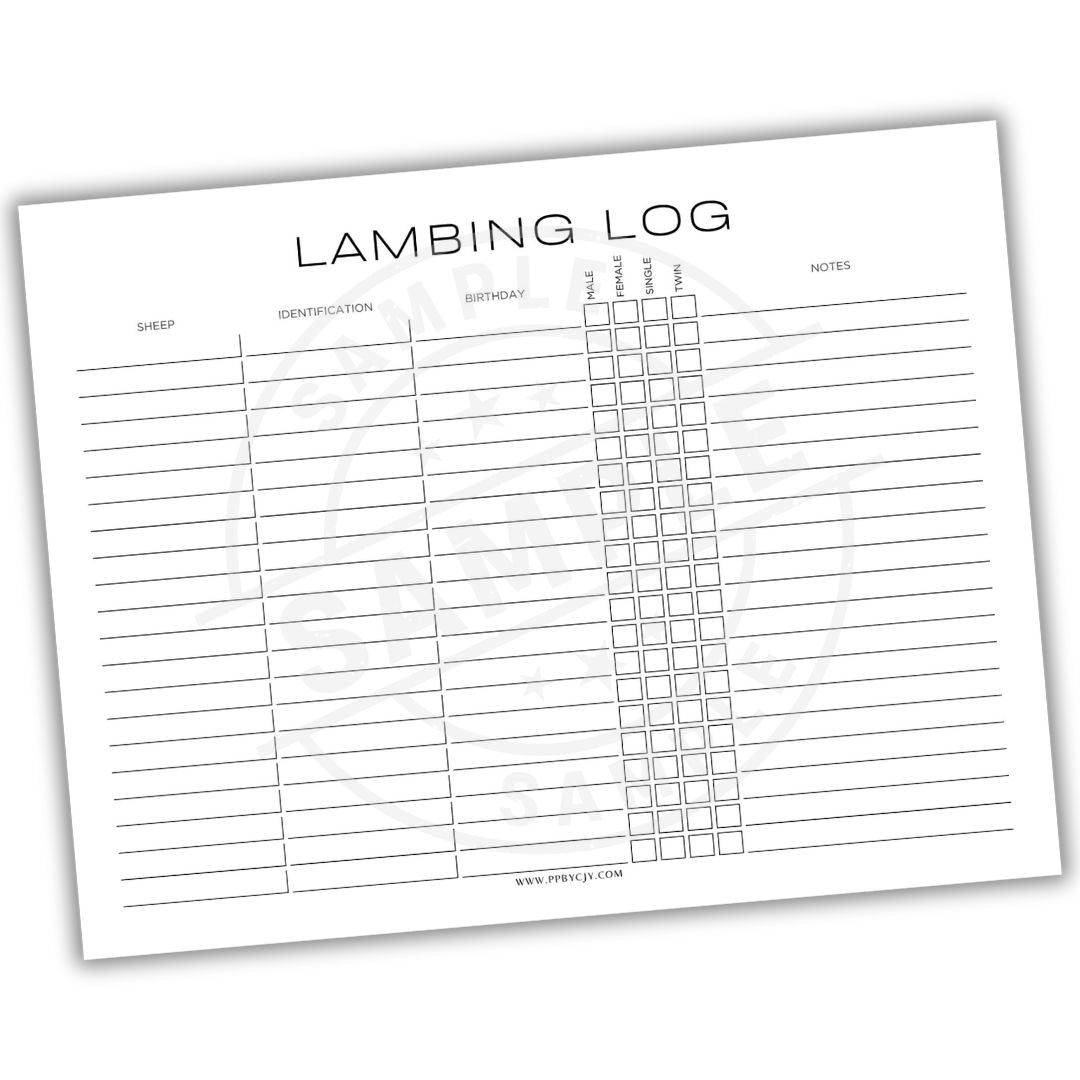Lambing log sheet with columns for sheep identification, gestation date, birth date, weight, and notes.