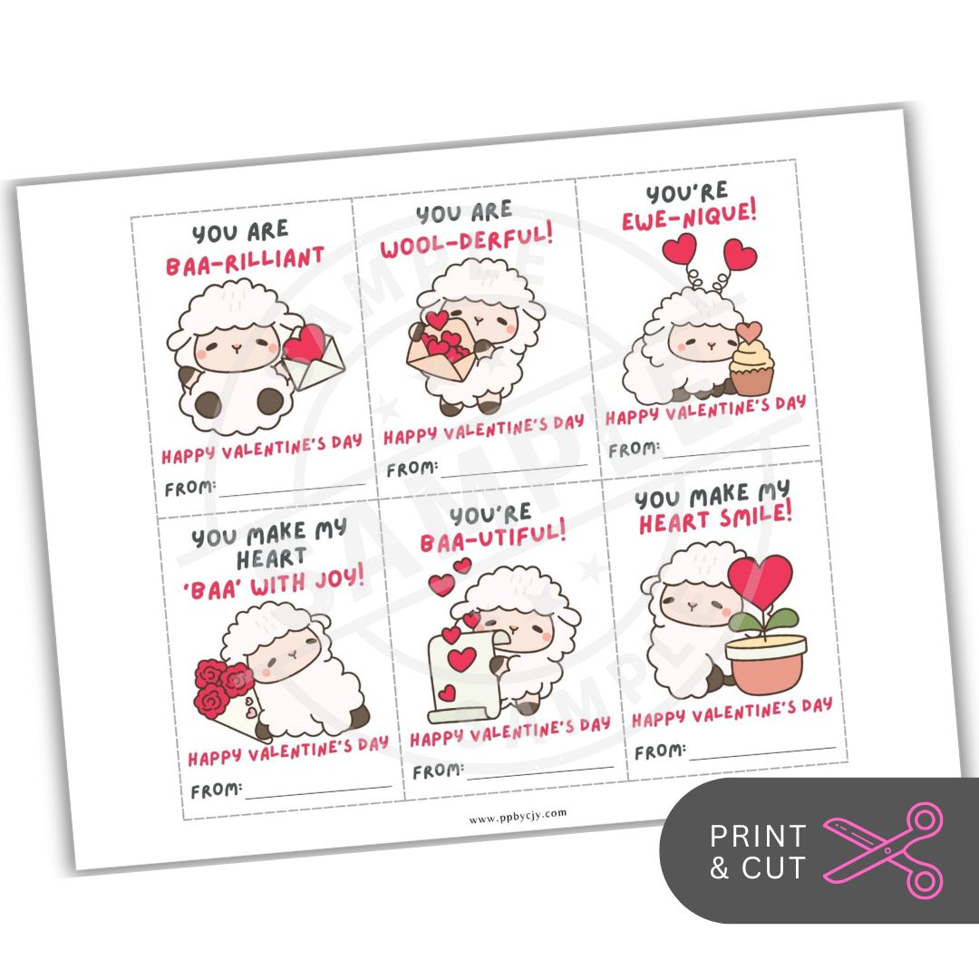 Valentine's Day cards with cartoon sheep and cute sayings on a white background.