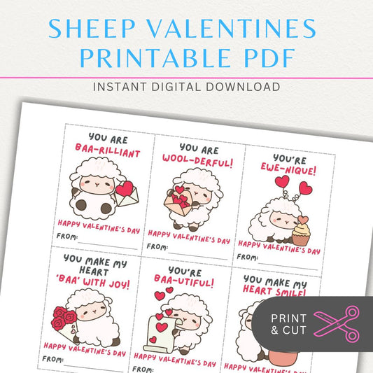 Sheep-themed printable Valentine’s Day sheet featuring six cute and fluffy sheep designs with sweet and playful messages.

