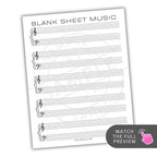 Blank sheet music with treble clef and staff lines on a white background