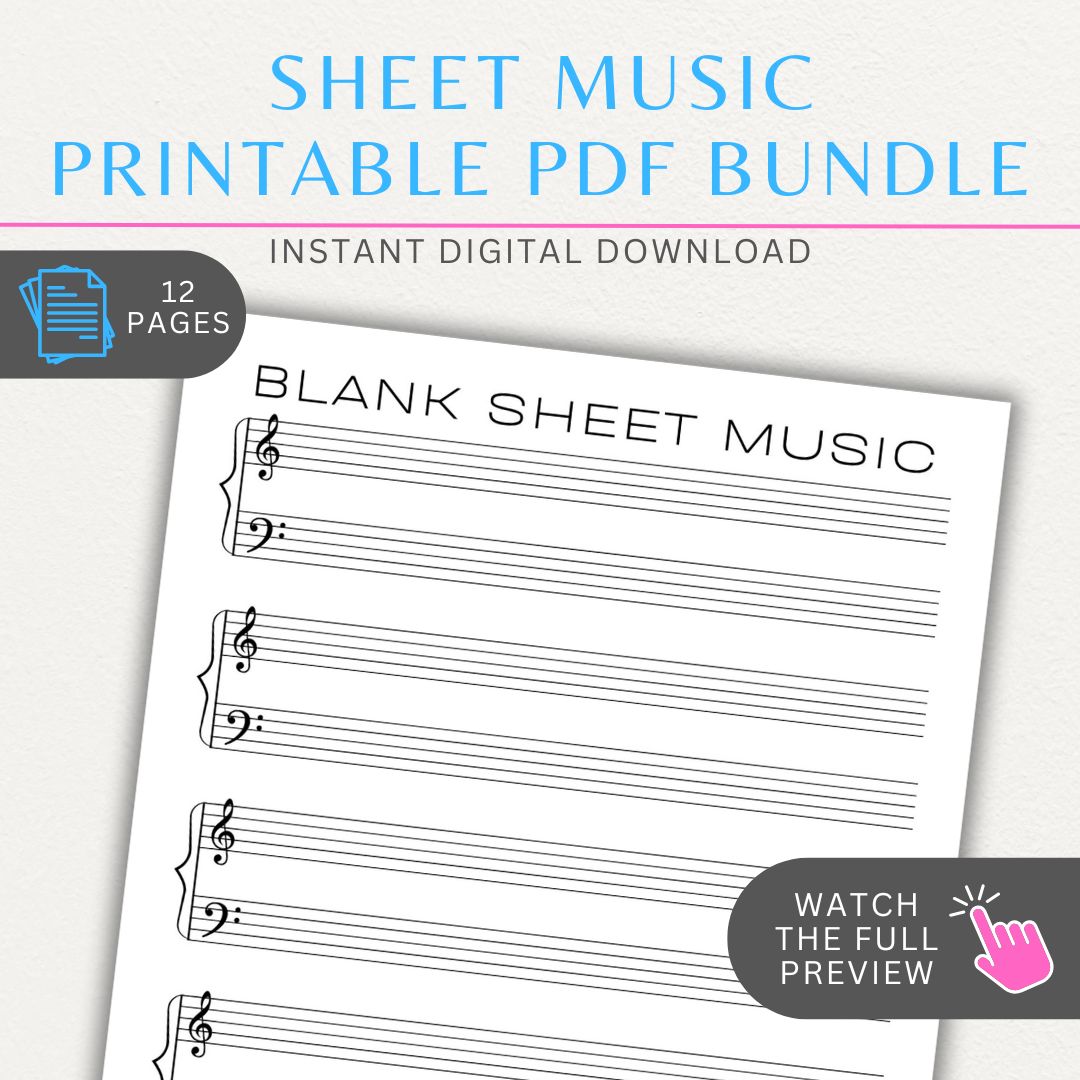 Sheet Music Printable PDF Template Bundle with kids' music sheets, guitar tabs, piano notation, 4-string, bass clef, treble clef, and alto clef templates.