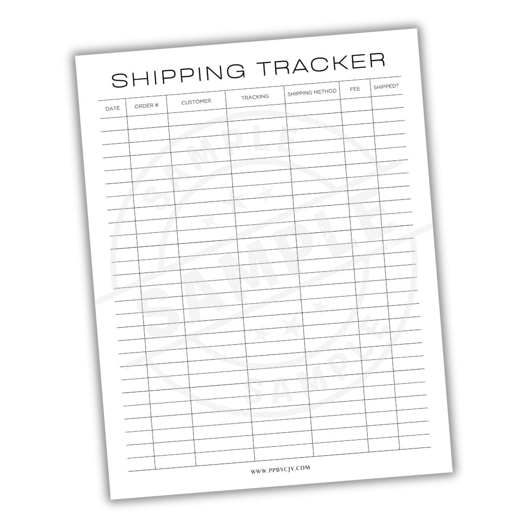 Shipping tracker sheet with columns for date, orders, customer, tracking, shipping method, and comments on a white background.