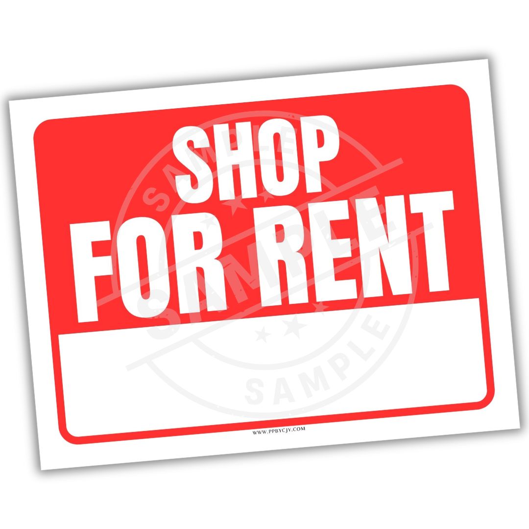 Red and white 'Shop for Rent' sign on a white background