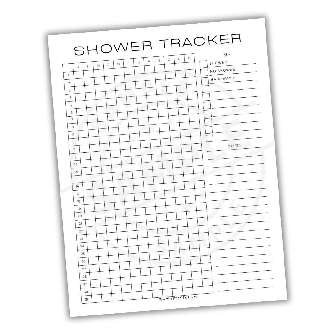 Shower tracker sheet with grid and checkboxes on a white background
