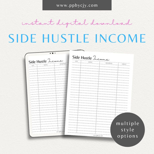 Side Hustle Income Printable Template – Digital download for tracking and managing income and expenses from side hustles or freelance work