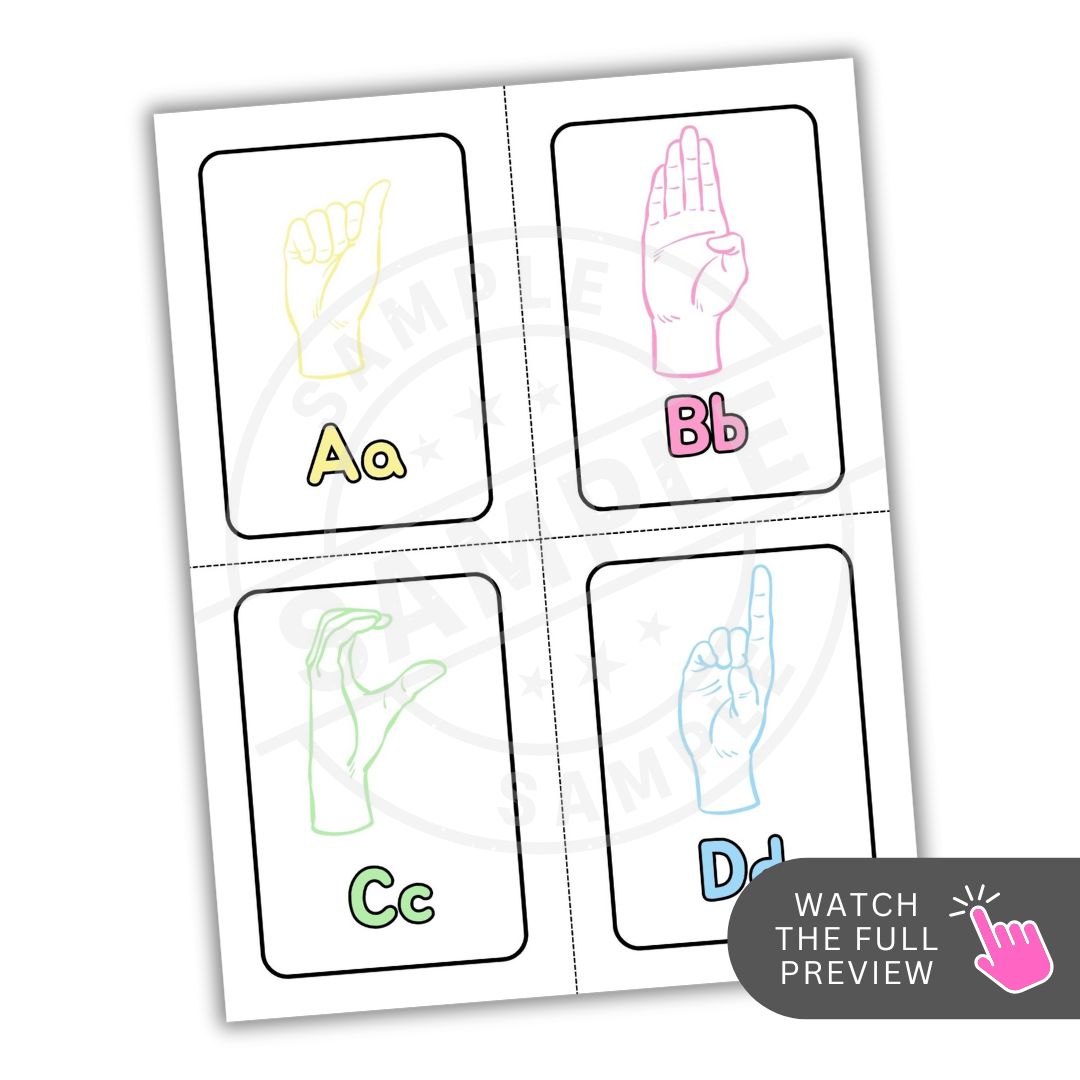 Flashcards with ASL hand signs for letters A, B, C, and D on a white background.