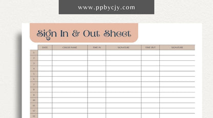 Daycare Sign-In Sheet Printable Template – Digital Download for Recording and Tracking Daily Attendance at Daycare