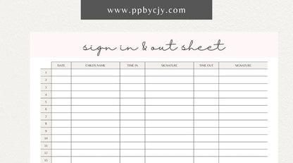 Daycare Sign-In Sheet Printable Template – Digital Download for Recording and Tracking Daily Attendance at Daycare