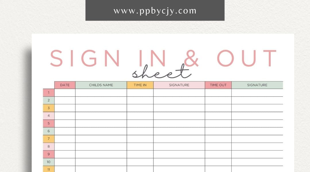 Daycare Sign-In Sheet Printable Template – Digital Download for Recording and Tracking Daily Attendance at Daycare