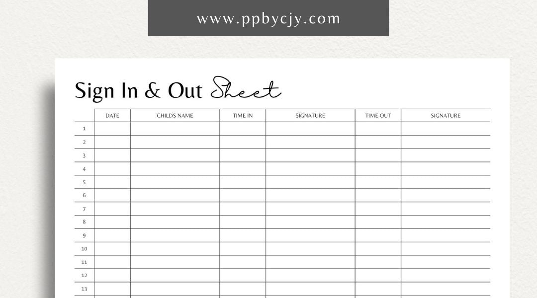 Daycare Sign-In Sheet Printable Template – Digital Download for Recording and Tracking Daily Attendance at Daycare