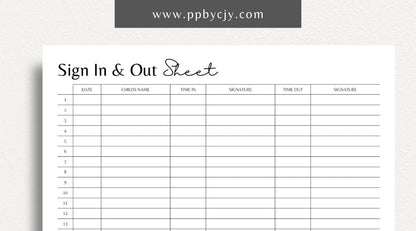 Daycare Sign-In Sheet Printable Template – Digital Download for Recording and Tracking Daily Attendance at Daycare