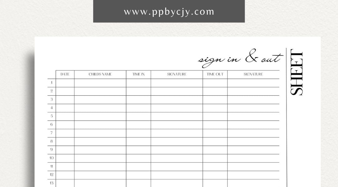 Daycare Sign-In Sheet Printable Template – Digital Download for Recording and Tracking Daily Attendance at Daycare