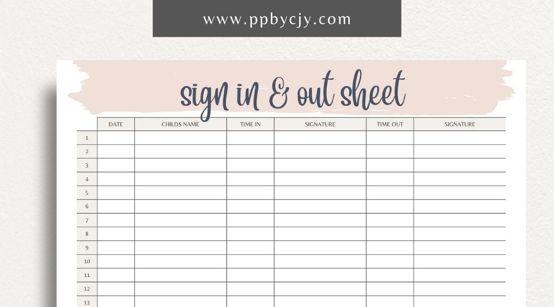 Daycare Sign-In Sheet Printable Template – Digital Download for Recording and Tracking Daily Attendance at Daycare