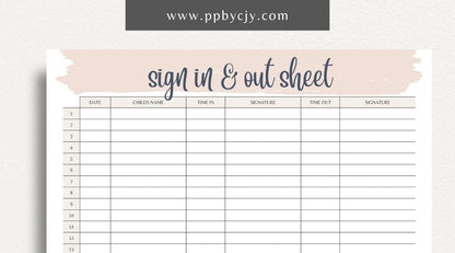 Daycare Sign-In Sheet Printable Template – Digital Download for Recording and Tracking Daily Attendance at Daycare