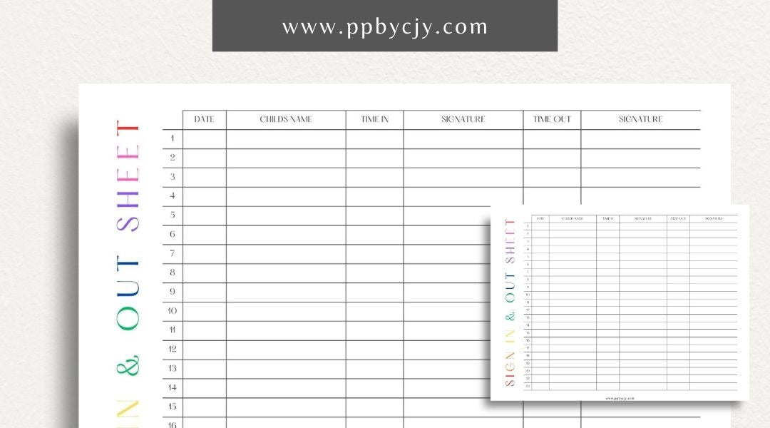 Daycare Sign-In Sheet Printable Template – Digital Download for Recording and Tracking Daily Attendance at Daycare