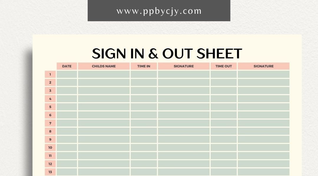 Daycare Sign-In Sheet Printable Template – Digital Download for Recording and Tracking Daily Attendance at Daycare