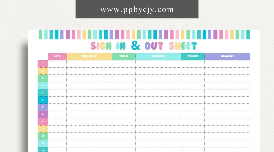 Daycare Sign-In Sheet Printable Template – Digital Download for Recording and Tracking Daily Attendance at Daycare