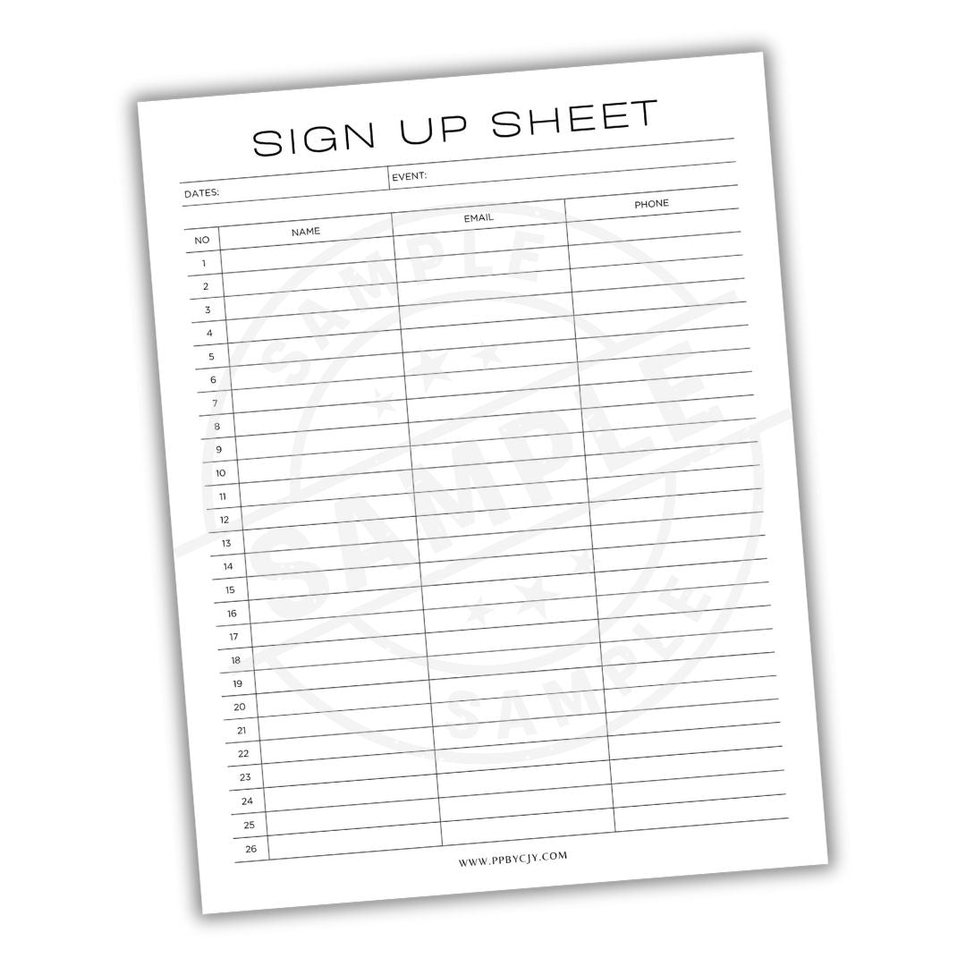 Blank sign-up sheet with columns for dates, event, name, email, and phone number on a white background.