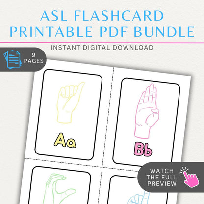 ASL Alphabet & Number Flashcards Printable PDF Template featuring hand signs for letters A-Z and numbers 0-9.