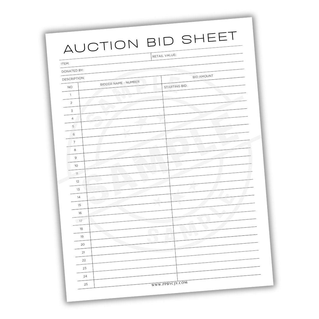 Auction bid sheet with columns for item, description, bidder name, number, retail value, and bid amount on a white background.