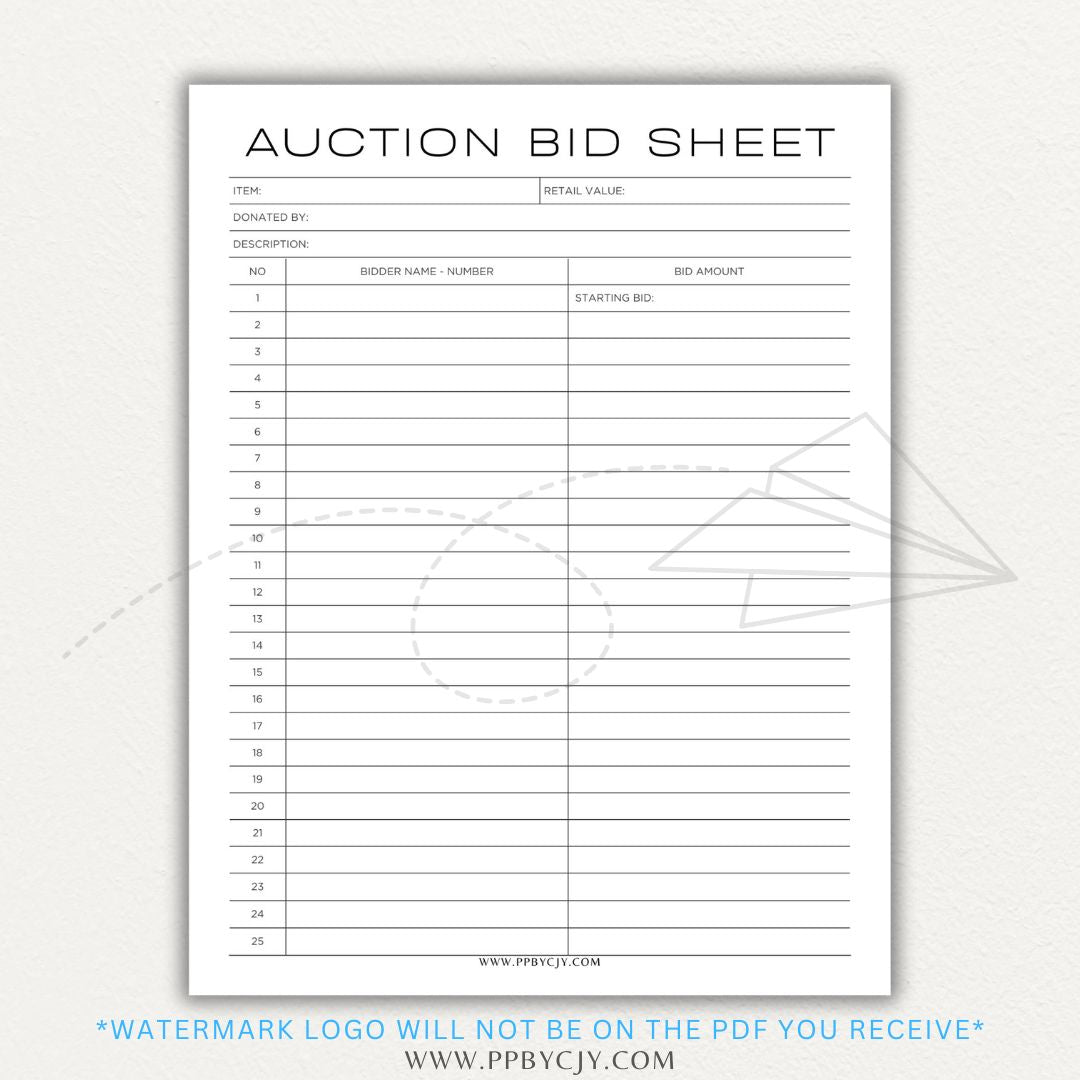 Silent Auction Bid Sheet Printable PDF Template with item details, bid increments, and bidder information fields for charity events and fundraisers.

