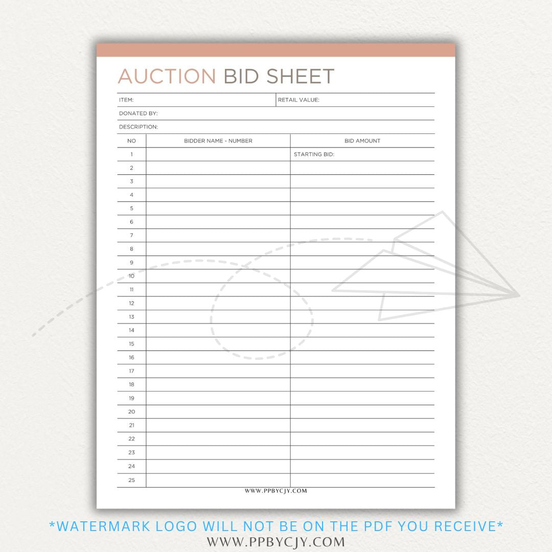 Silent Auction Bid Sheet Printable PDF Template with item details, bid increments, and bidder information fields for charity events and fundraisers.

