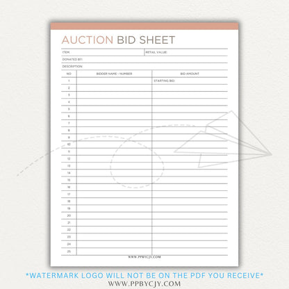 Silent Auction Bid Sheet Printable PDF Template with item details, bid increments, and bidder information fields for charity events and fundraisers.

