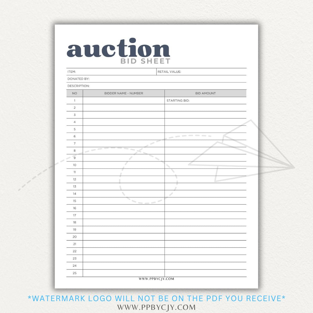 Silent Auction Bid Sheet Printable PDF Template with item details, bid increments, and bidder information fields for charity events and fundraisers.

