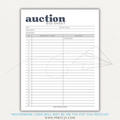 Silent Auction Bid Sheet Printable PDF Template with item details, bid increments, and bidder information fields for charity events and fundraisers.

