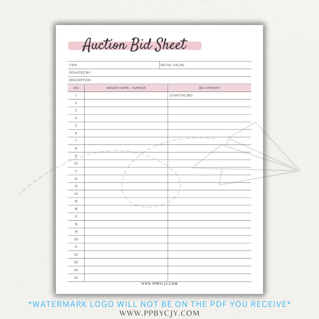 Silent Auction Bid Sheet Printable PDF Template with item details, bid increments, and bidder information fields for charity events and fundraisers.

