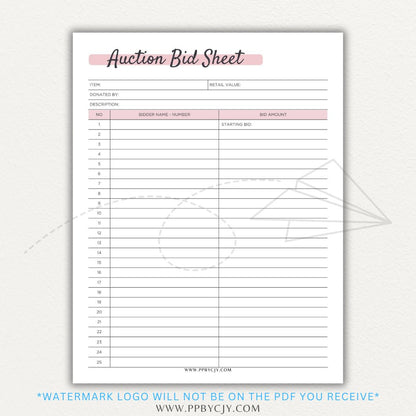 Silent Auction Bid Sheet Printable PDF Template with item details, bid increments, and bidder information fields for charity events and fundraisers.

