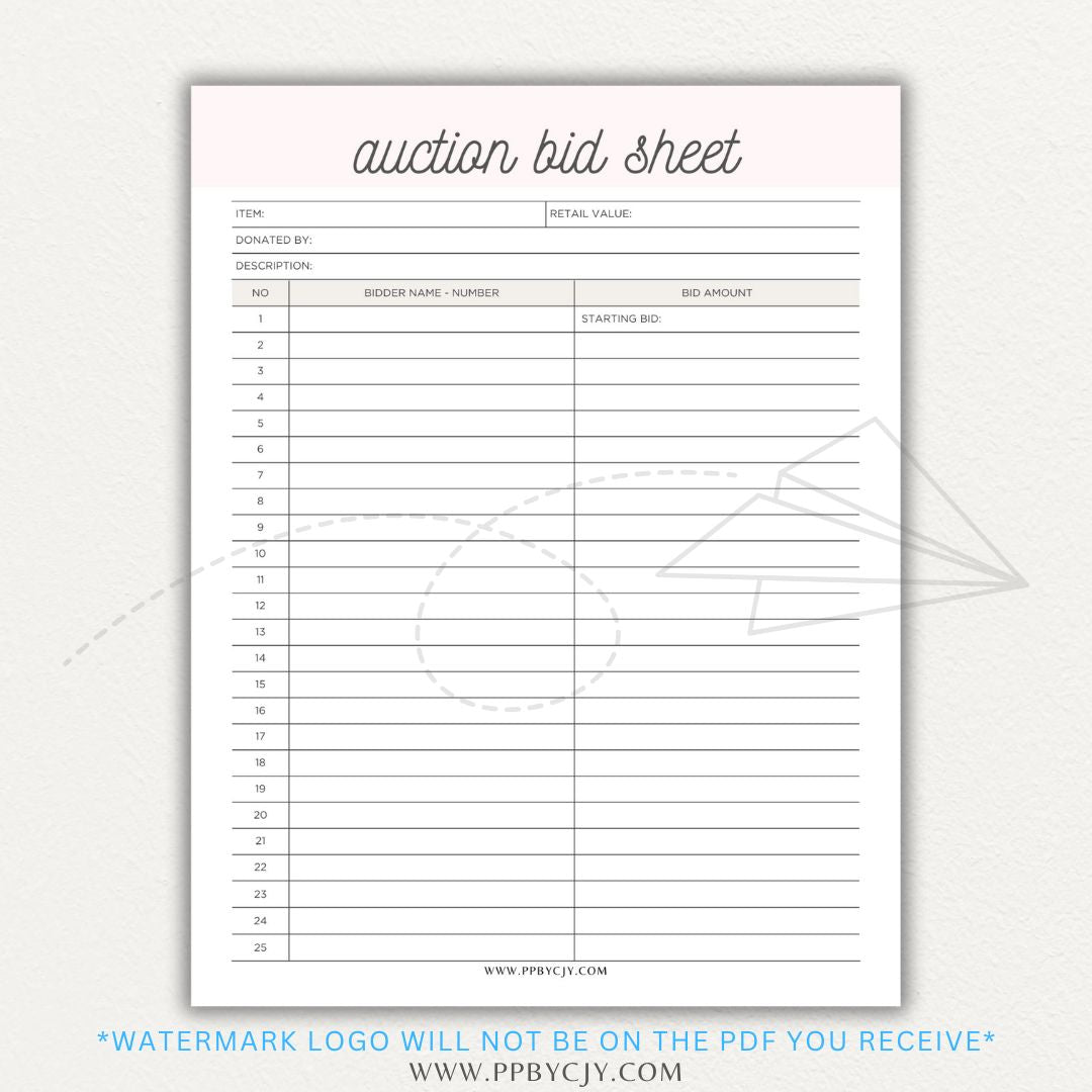 Silent Auction Bid Sheet Printable PDF Template with item details, bid increments, and bidder information fields for charity events and fundraisers.

