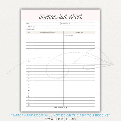 Silent Auction Bid Sheet Printable PDF Template with item details, bid increments, and bidder information fields for charity events and fundraisers.

