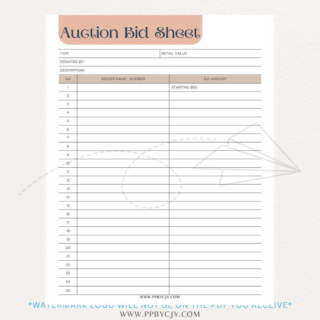 Silent Auction Bid Sheet Printable PDF Template with item details, bid increments, and bidder information fields for charity events and fundraisers.

