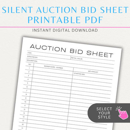 Silent Auction Bid Sheet Printable PDF Template with item details, bid increments, and bidder information fields for charity events and fundraisers.

