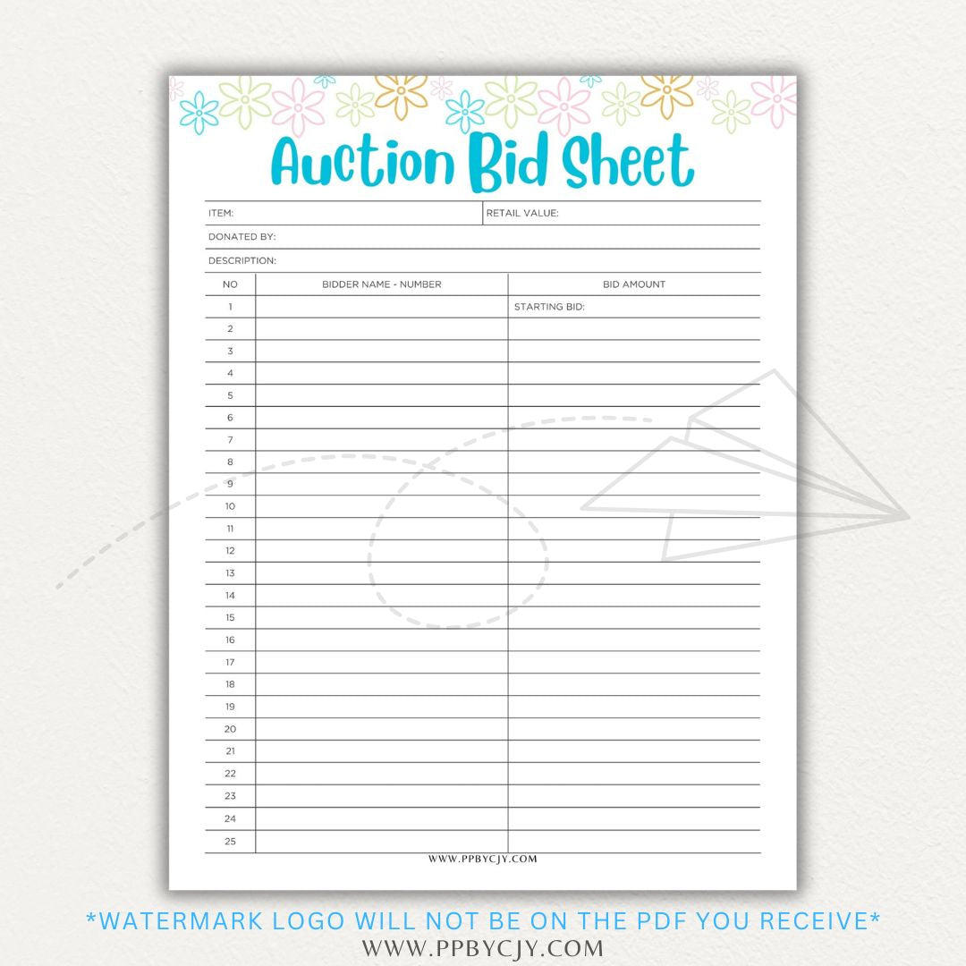 Silent Auction Bid Sheet Printable PDF Template with item details, bid increments, and bidder information fields for charity events and fundraisers.

