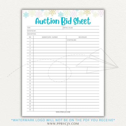 Silent Auction Bid Sheet Printable PDF Template with item details, bid increments, and bidder information fields for charity events and fundraisers.

