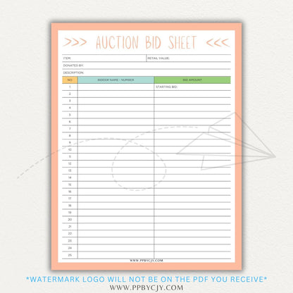 Silent Auction Bid Sheet Printable PDF Template with item details, bid increments, and bidder information fields for charity events and fundraisers.

