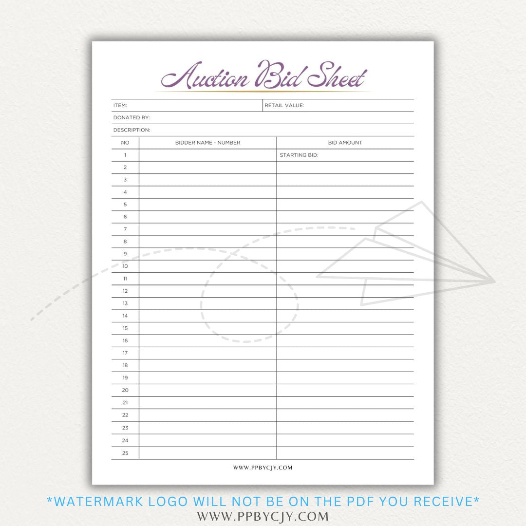 Silent Auction Bid Sheet Printable PDF Template with item details, bid increments, and bidder information fields for charity events and fundraisers.

