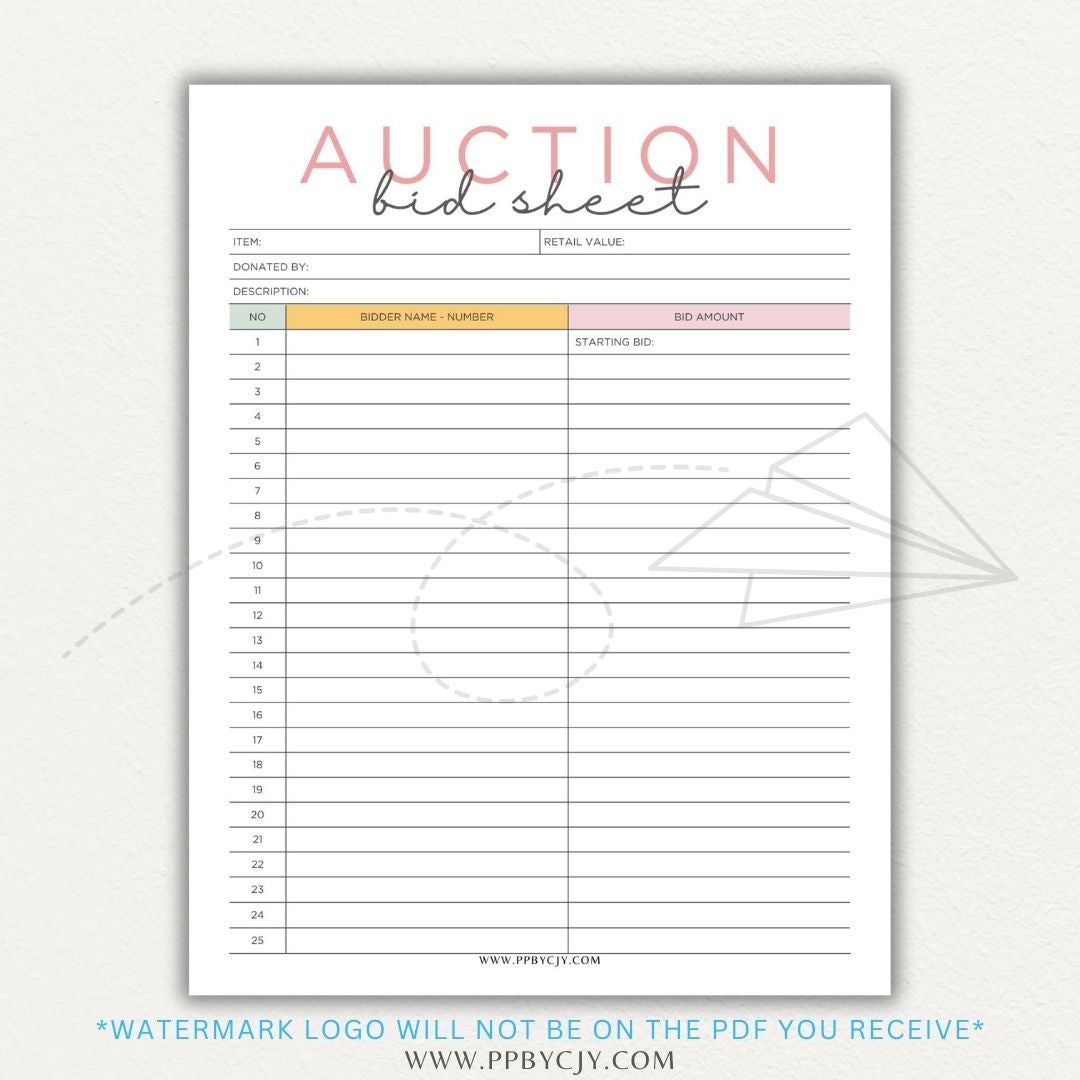 Silent Auction Bid Sheet Printable PDF Template with item details, bid increments, and bidder information fields for charity events and fundraisers.

